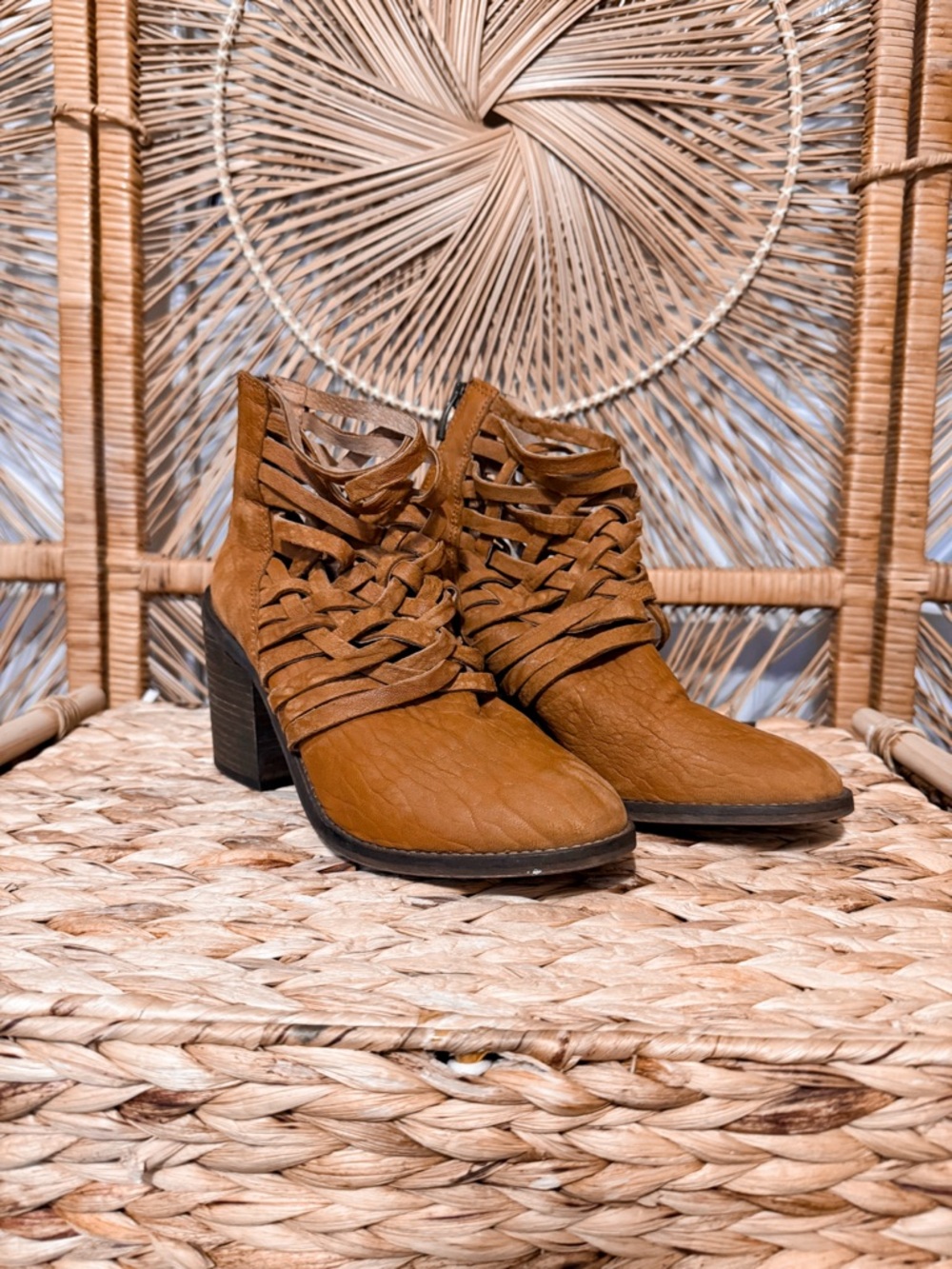 Free People Cognac Woven Leather Ankle Booties - Picture 2 of 12